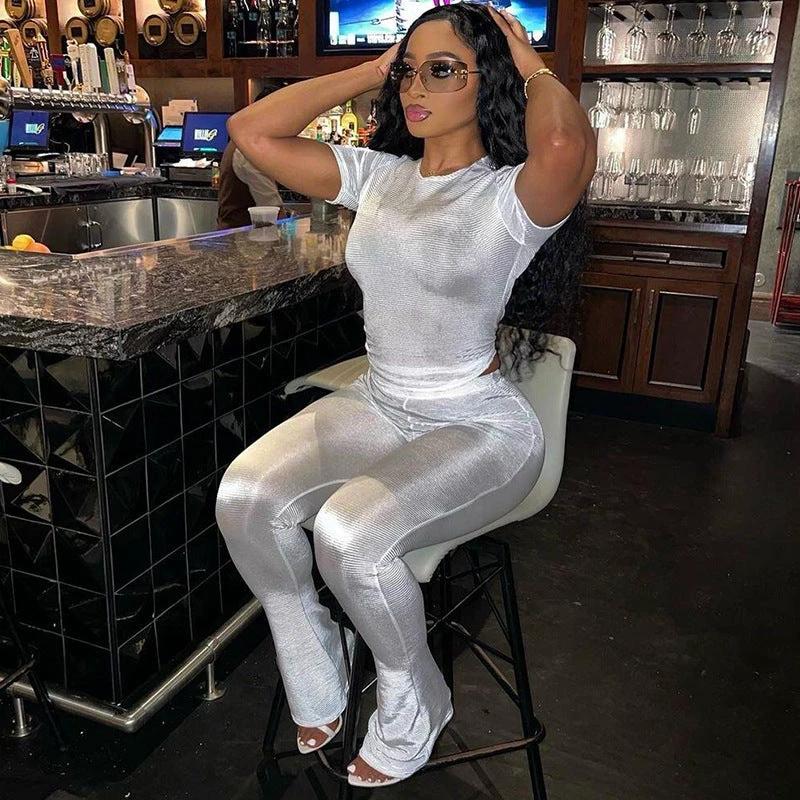 Cross-border European And American Foreign Trade 2024 Fall Women's Clothing New Slim Fit Figure Flattering Short Sleeve Top High Waist Casual Trousers Suit by GJG Denim