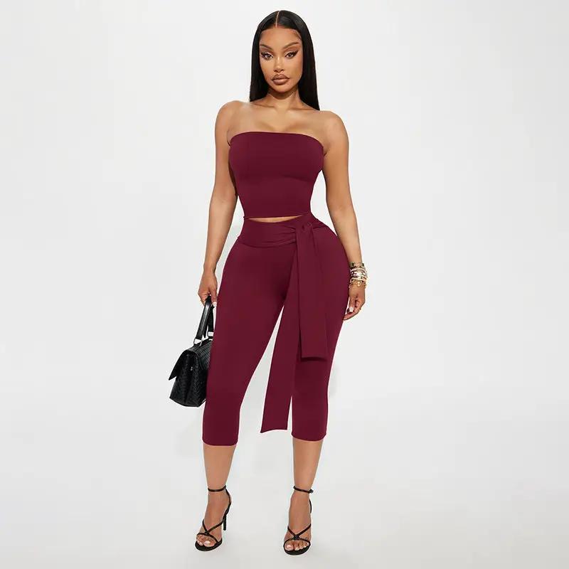 Womens Strapless Midriff-baring Top And High-waisted Cropped Pants Set by GJG Denim