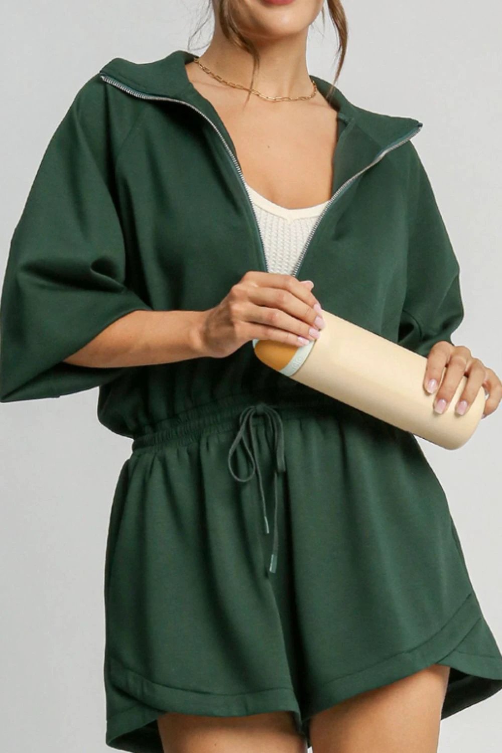 Drawstring Half Zip Long Sleeve Romper by Lady Ros