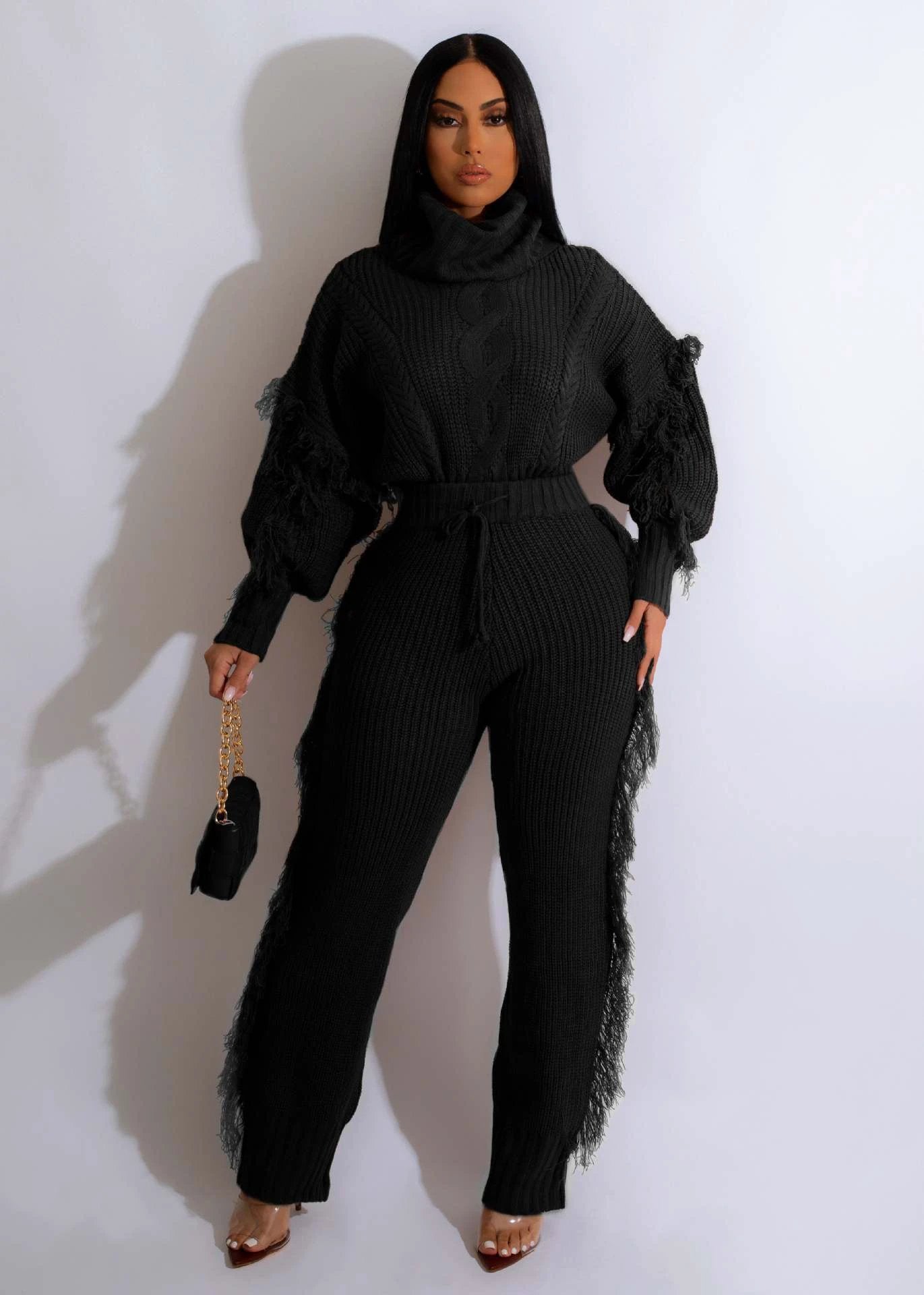 Casual Solid Color Knitted Long Sleeve Turtleneck Tassel Suit by GJG Denim