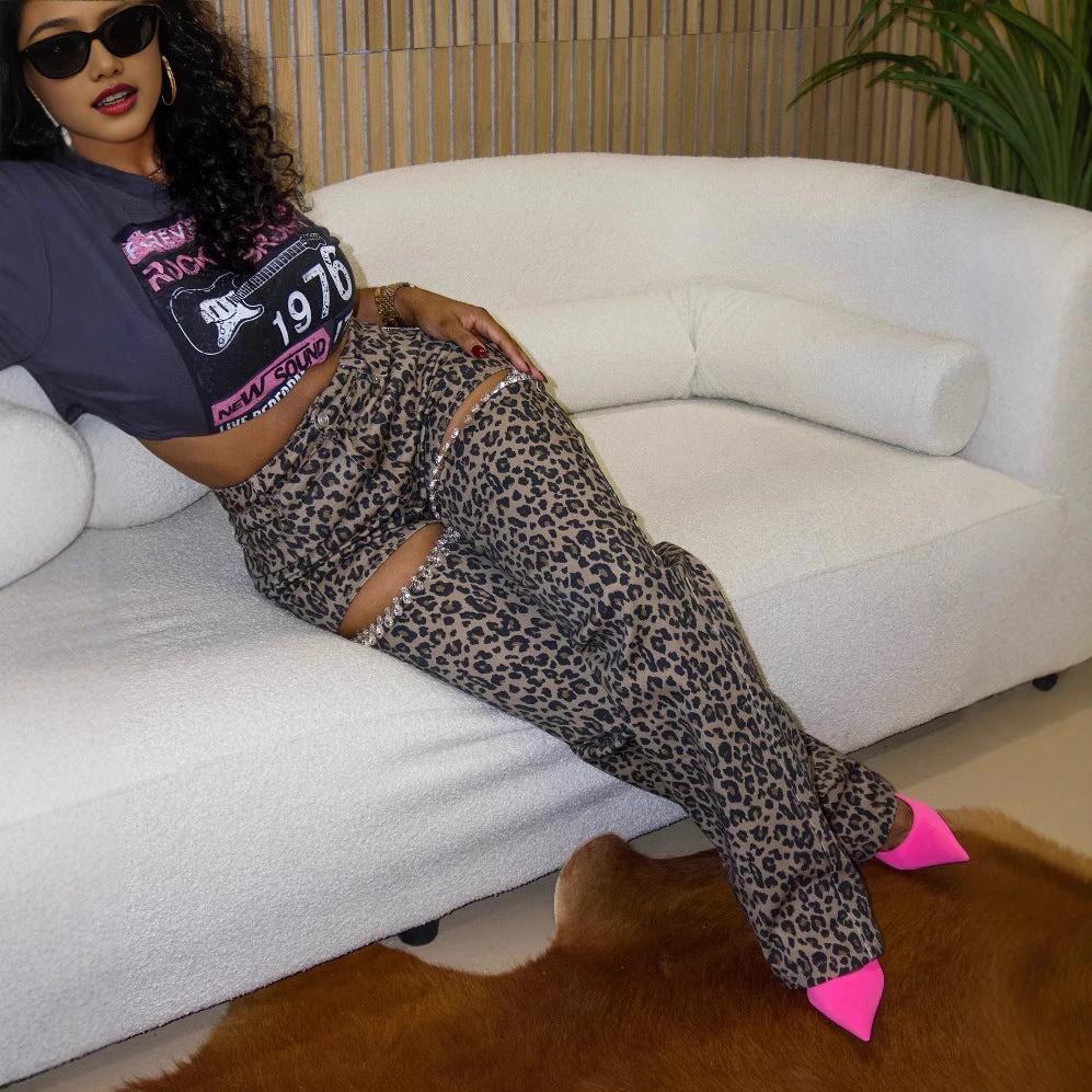 High Waist Hollow-out Leopard Print Handmade Diamond Casual Trousers by GJG Denim