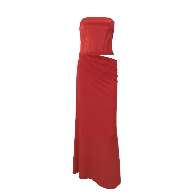 Women's Tube Top Back Tied Slim Fit Temperament Red Dress by GJG Denim