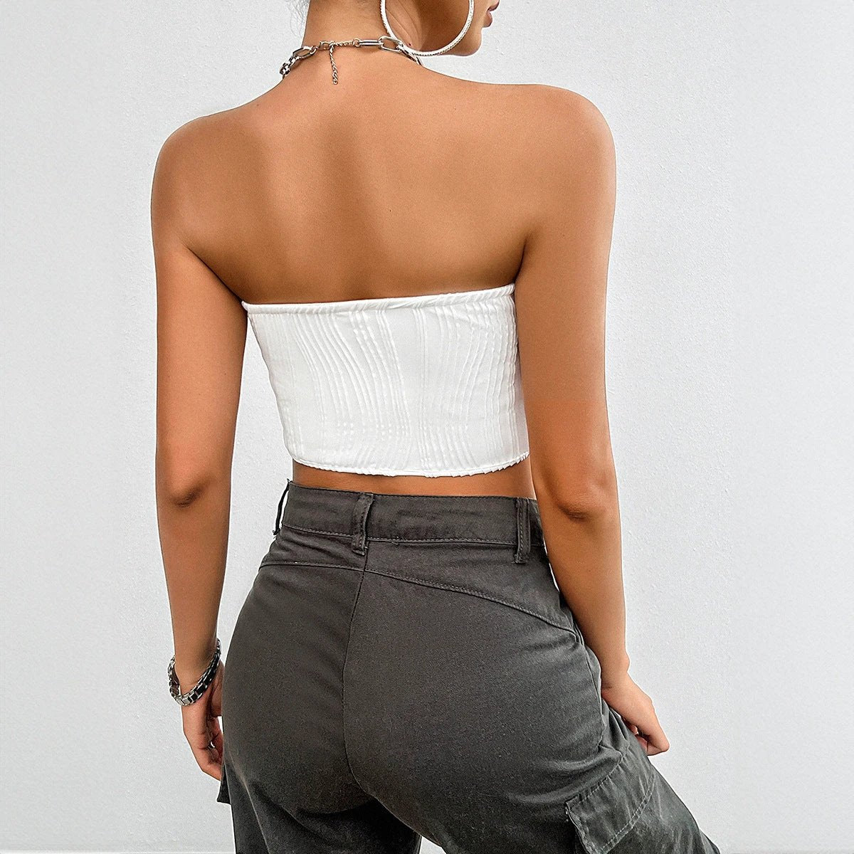 SpringSummer Temperament Pure Color Slim-fit Zipper Tube Top by GJG Denim