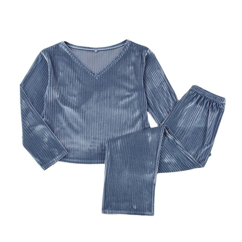 Striped Gold Diamond Velvet Long-Sleeved Pajamas Suit Women by GJG Denim