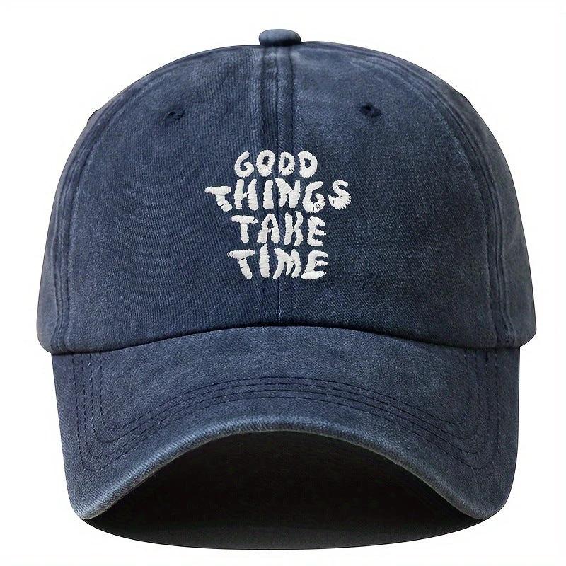 Men's "Good Things Take Time" Washed-out Vintage Baseball Cap Adjustable by GJG Denim