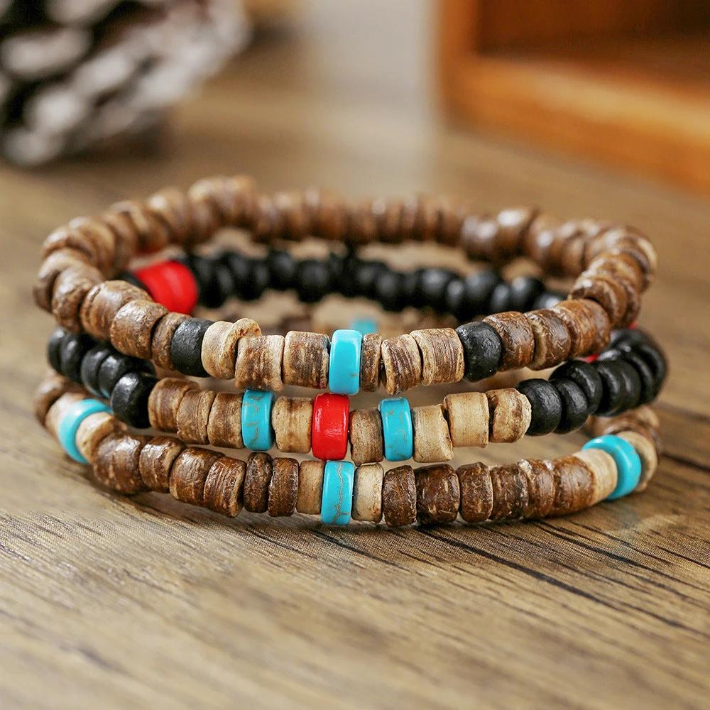 Retro Men's Coconut Wood Multi-Layer Stackable Bracelet Set by GJG Denim