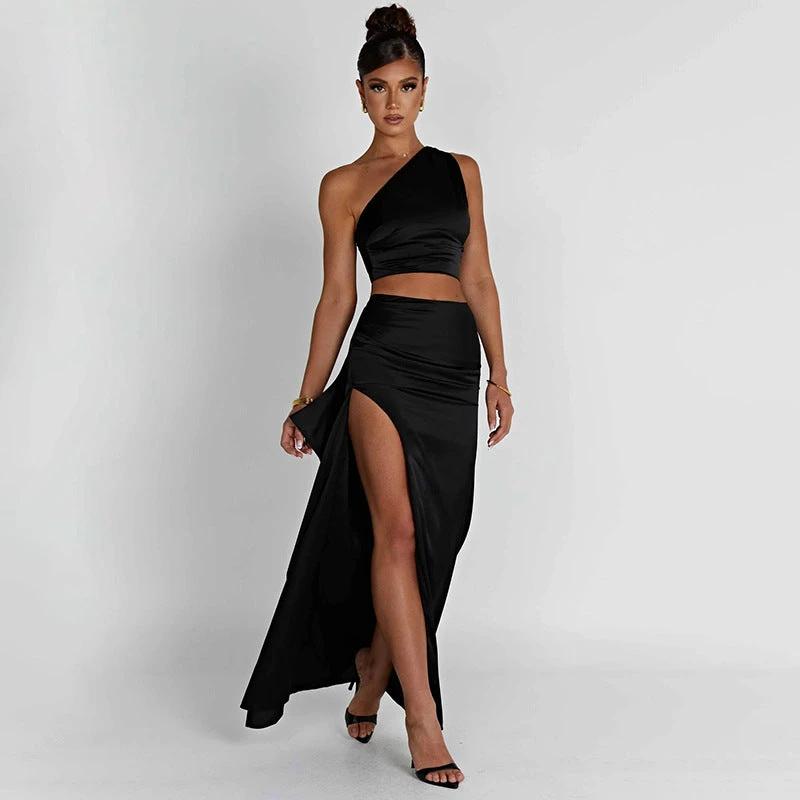One-shoulder Satin Short Top High Waist Split Maxi Skirt by GJG Denim
