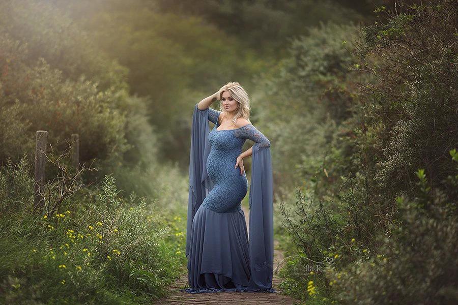 Lace Stitching Super Long Sleeve Maternity Dress by GJG Denim
