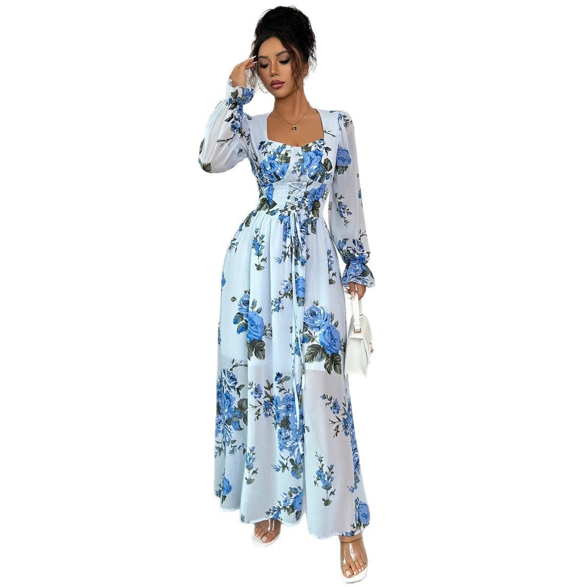 Floral Printed Long Sleeve Dress Women's Clothing by GJG Denim