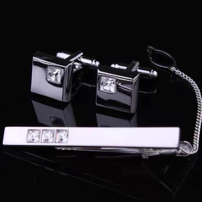 Men's Suit Shirt Rhinestone-encrusted Silver Cufflinks Tie Clip 3 Pieces Suit by GJG Denim