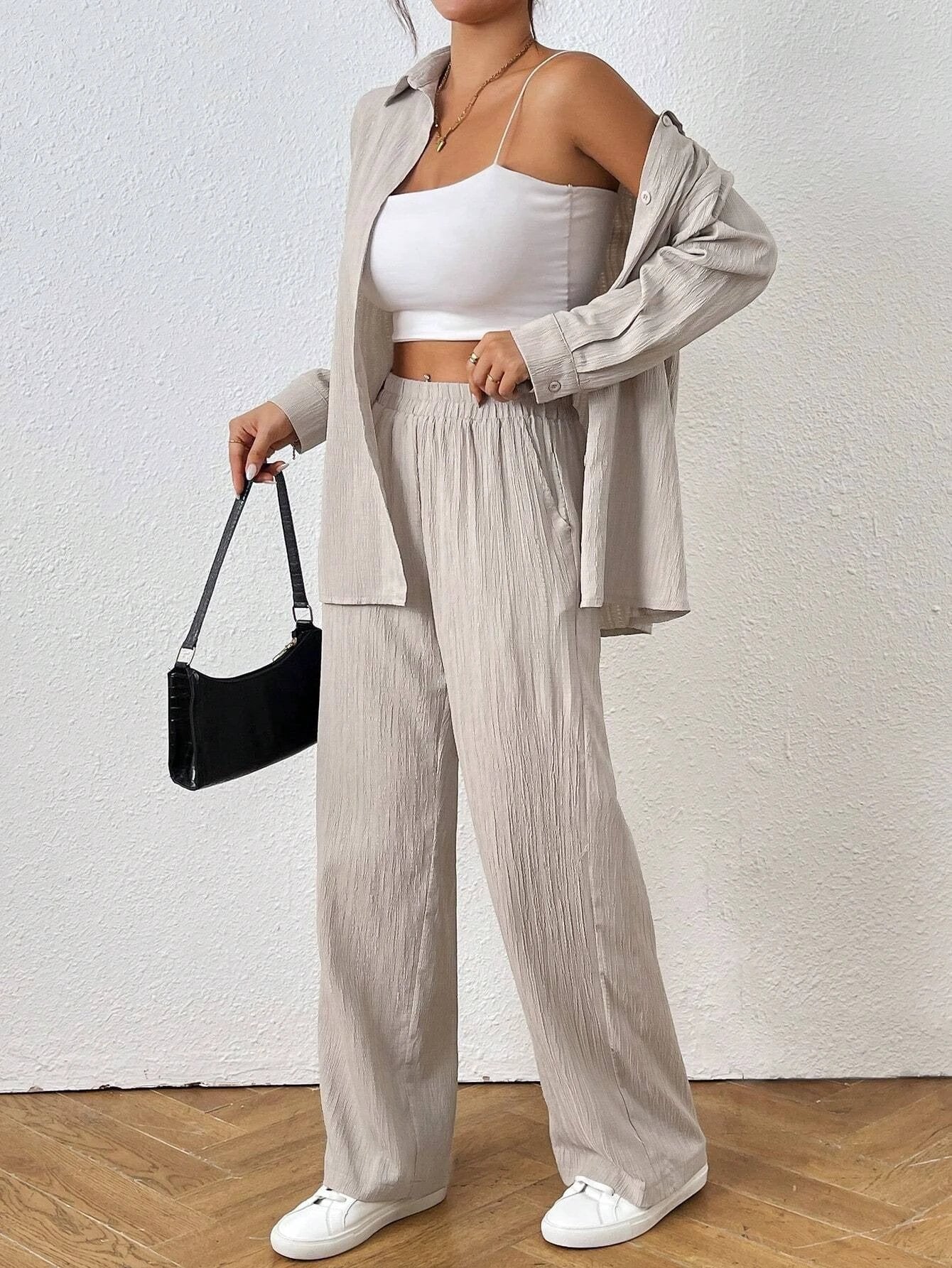 Solid Color Long Sleeved Shirt And Pants Set by GJG Denim