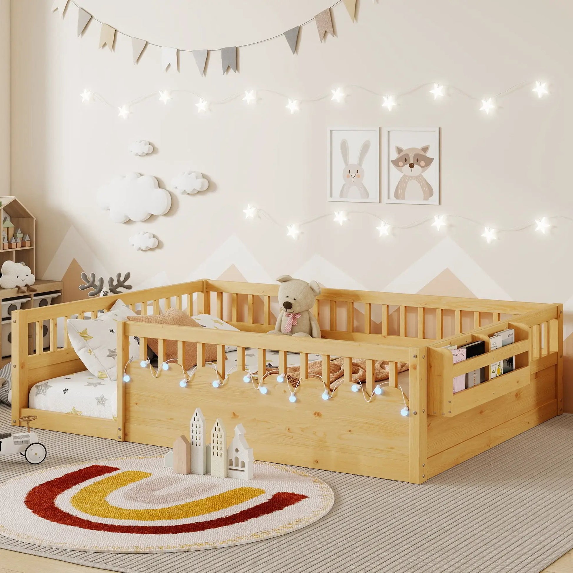 Full Montessori Floor Bed Frame With High Rails, Wood Kids Floor Beds With Light And Storage Shelf, Natural by GJG Denim