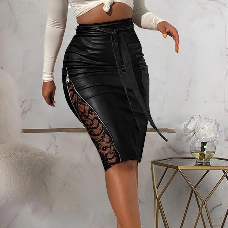 New Sexy Split Lace Stitching Slim-fit Lace Up Leather Skirt by GJG Denim