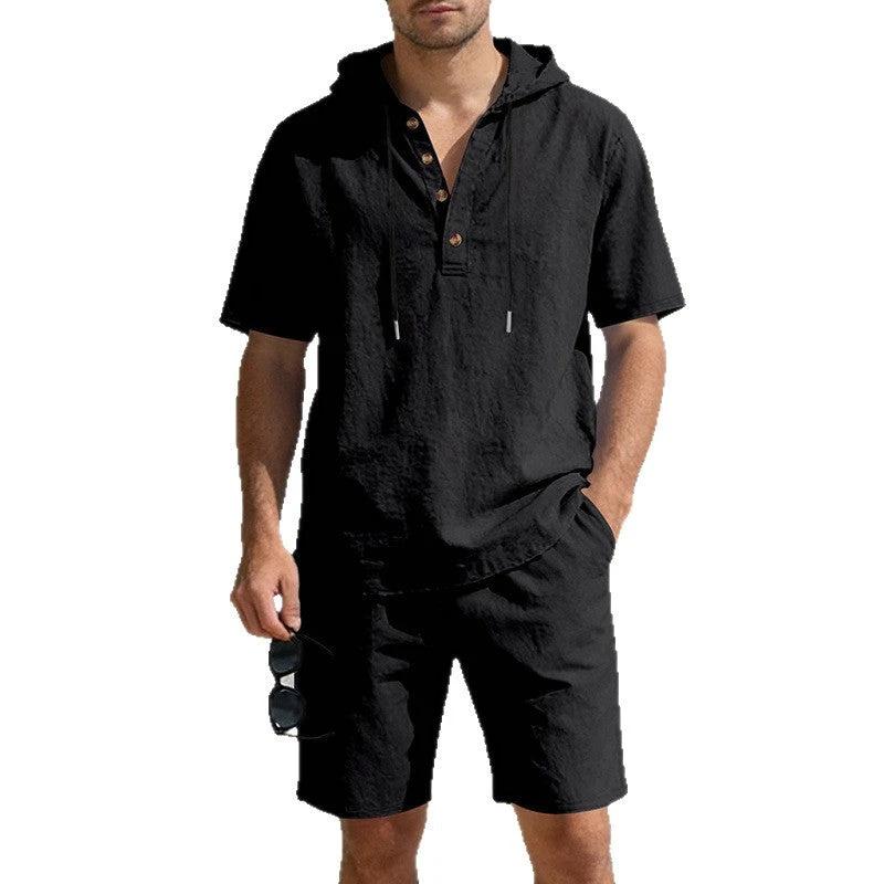 Mens Loose Breathable Linen Hooded Casual Set by GJG Denim