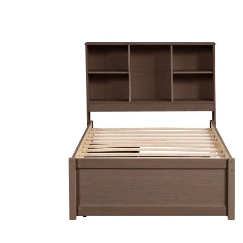 Modern Twin Size Bed Frame With Built-in USB Port On Bookcase Headboard And 2 Drawers Walnut Color by GJG Denim