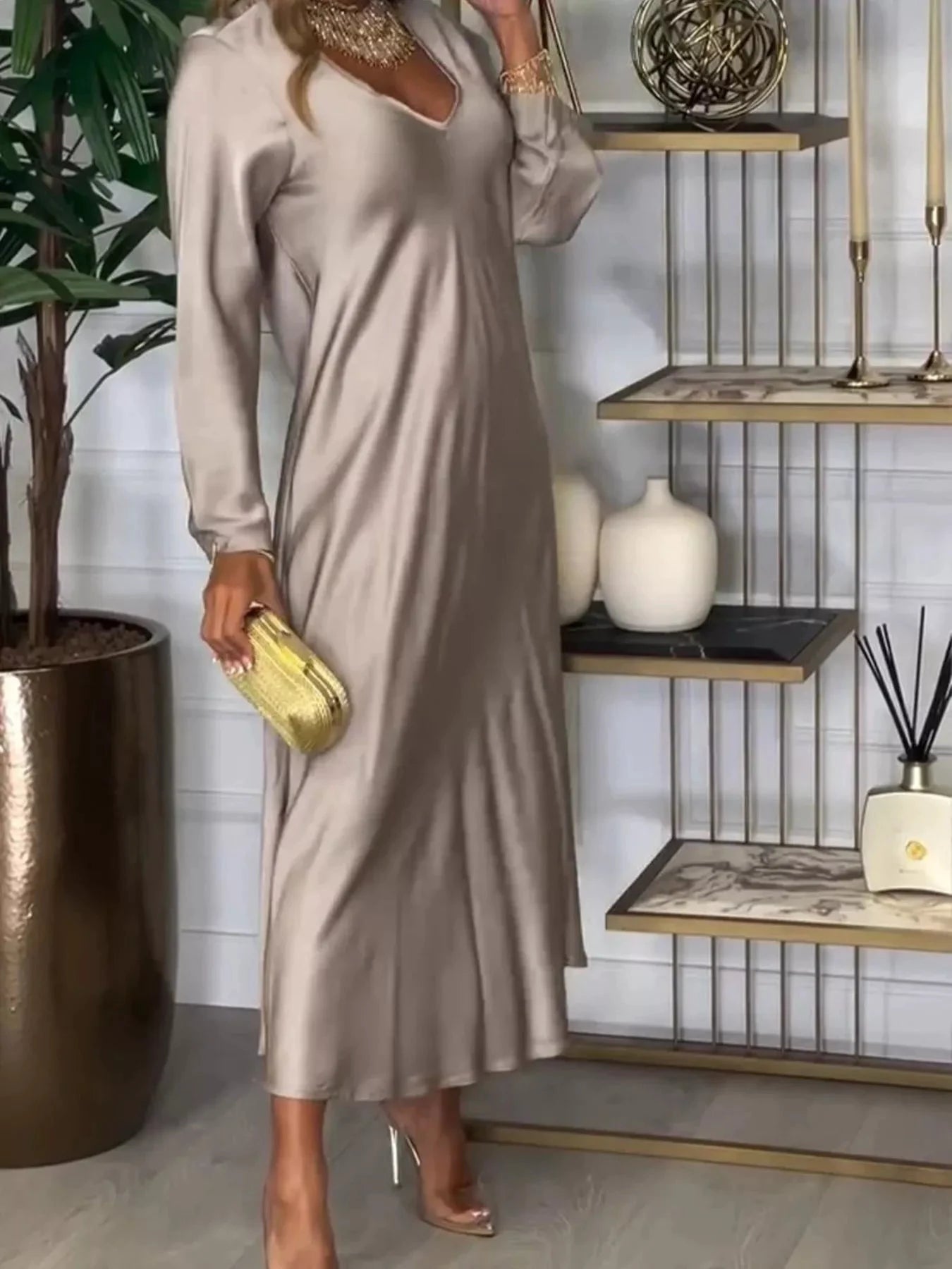 Full Size V-Neck Long Sleeve Midi Dress Plus Size by Lady Ros