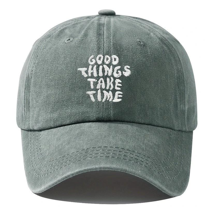 Men's "Good Things Take Time" Washed-out Vintage Baseball Cap Adjustable by GJG Denim