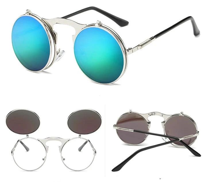 Vintage Round Steampunk Sunglasses Flip-Up UV Protection Metal Frame For Men by GJG Denim