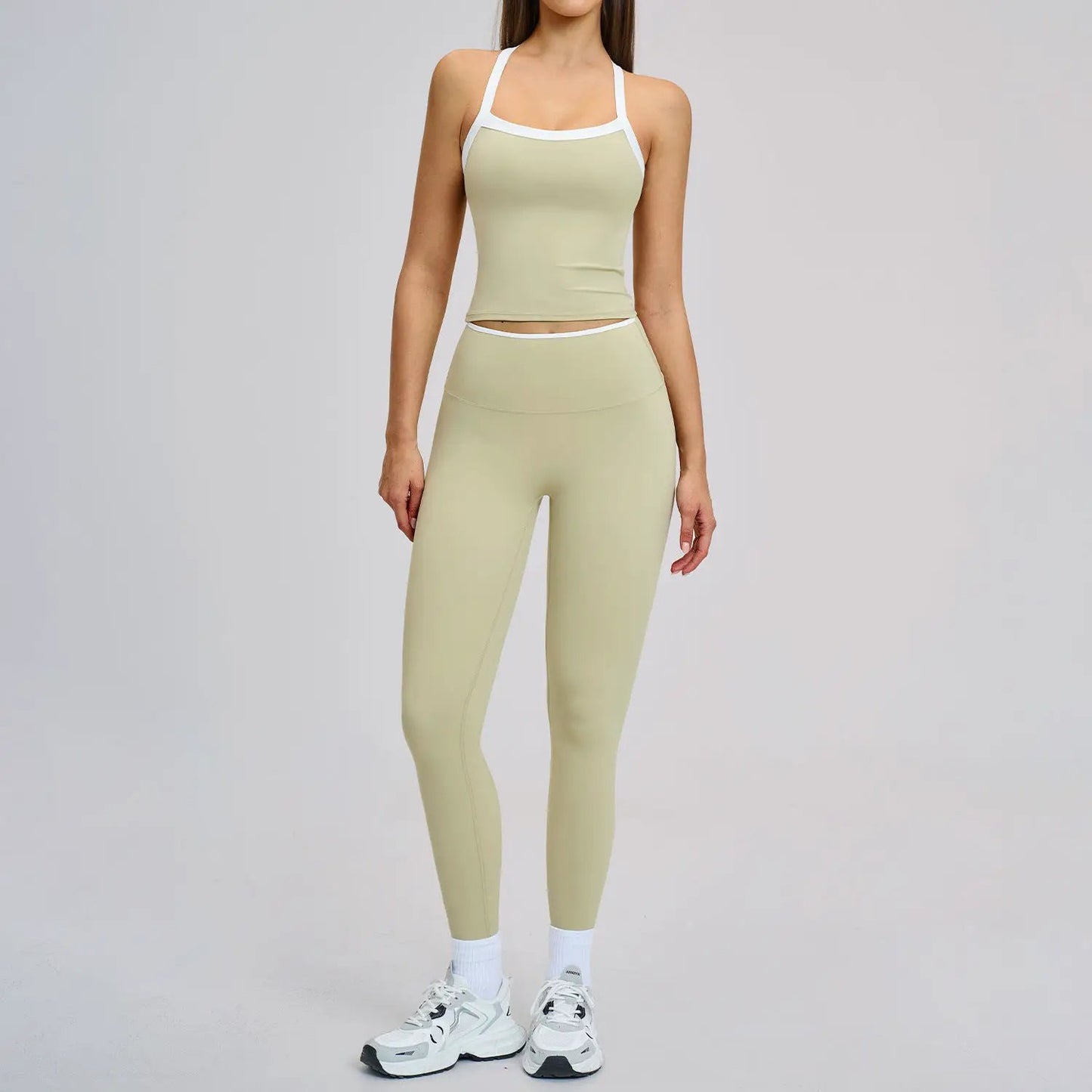 Nude-Feel Yoga Set Contrasting Colors, Crossed Back Design, Tight-Fitting Yoga Wear by GJG Denim