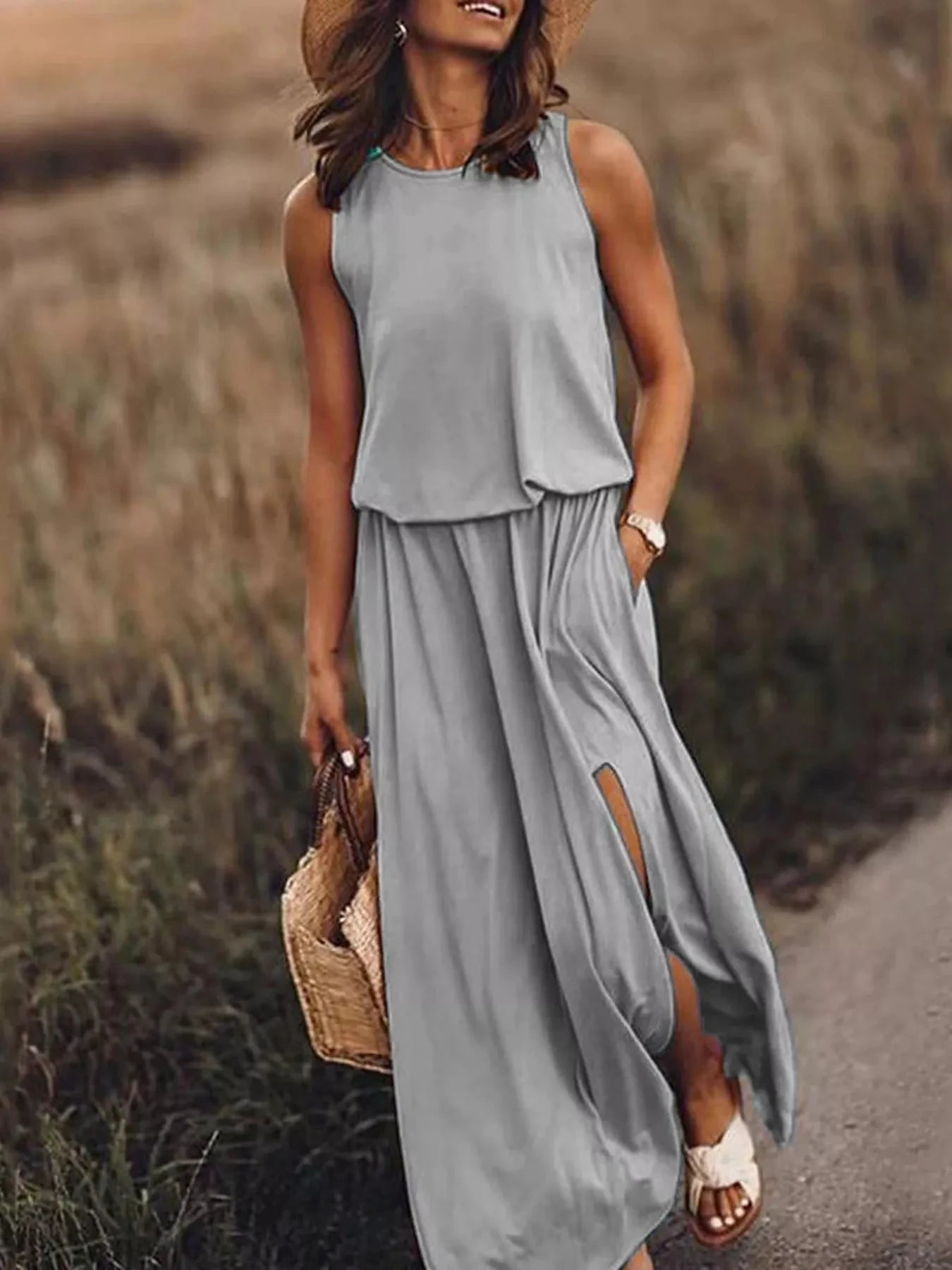 Full Size Round Neck Sleeveless Slit Maxi Dress Plus Size by Lady Ros