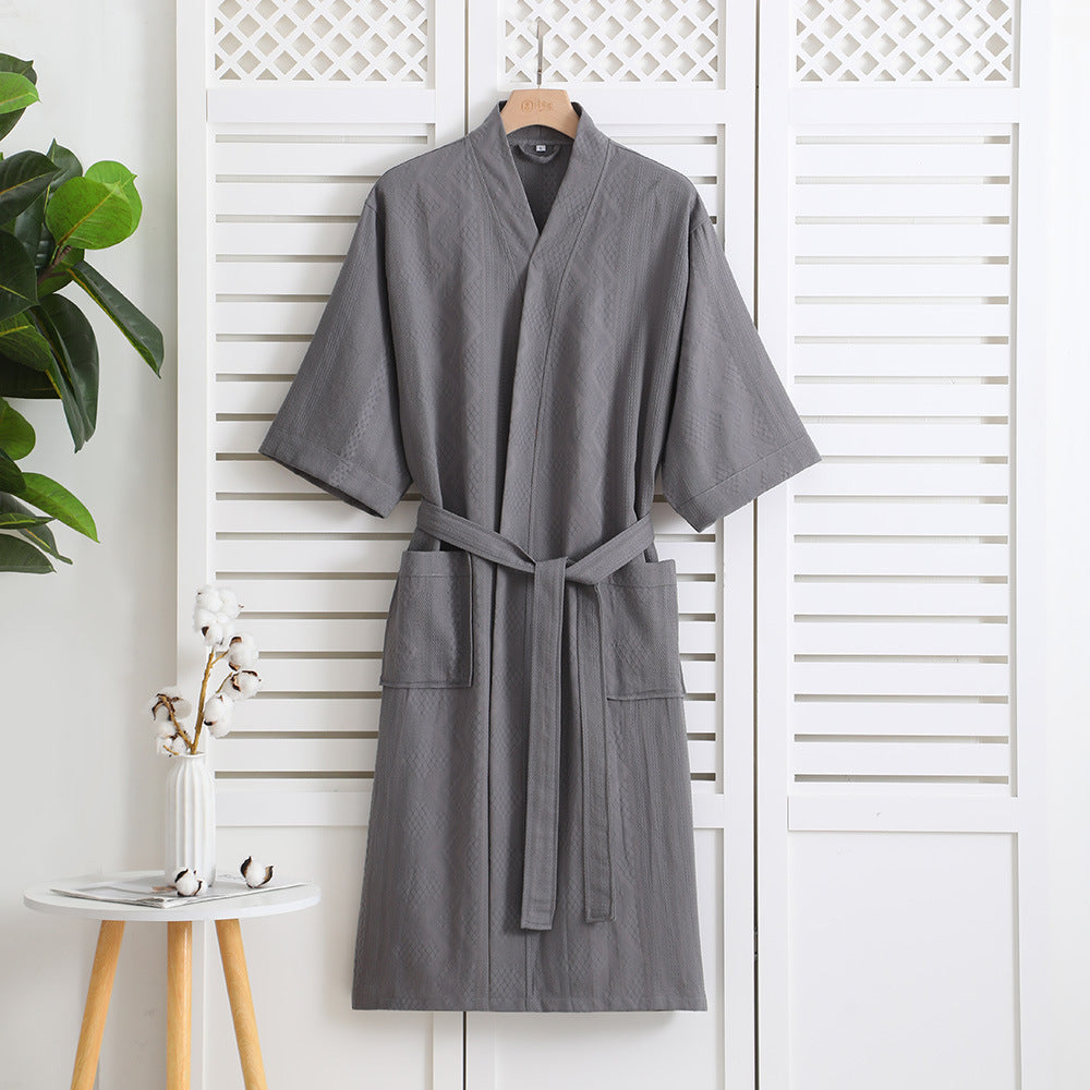 Cotton Single-layer Yarn Cropped Sleeves Mid-length Bathrobe by GJG Denim