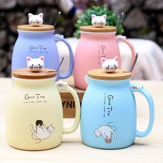 450ml Cartoon Ceramics Cat Mug With Lid and Spoon Coffee Milk Tea Mugs Breakfast Cup Drinkware Novelty Gifts by GJG Denim