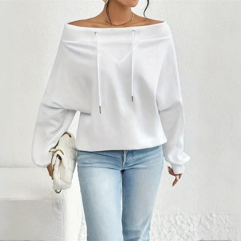 Plus Size Women's Solid Color Off-Shoulder Long Sleeve Pullover With Drawstring - Casual Ribbed Detail Top For Spring&Fall by GJG Denim