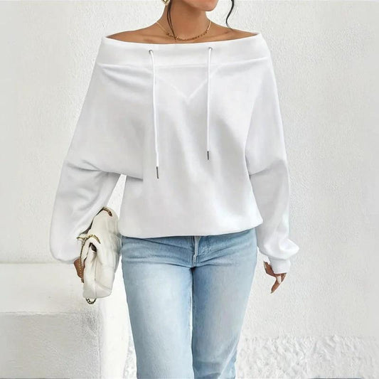 Plus Size Women's Solid Color Off-Shoulder Long Sleeve Pullover With Drawstring - Casual Ribbed Detail Top For Spring&Fall by GJG Denim