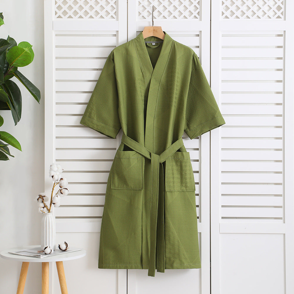 Cotton Single-layer Yarn Cropped Sleeves Mid-length Bathrobe by GJG Denim