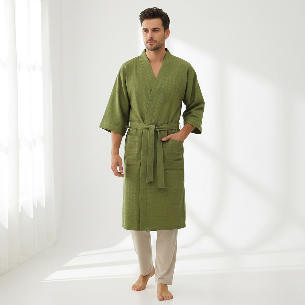 Cotton Single-layer Yarn Cropped Sleeves Mid-length Bathrobe by GJG Denim