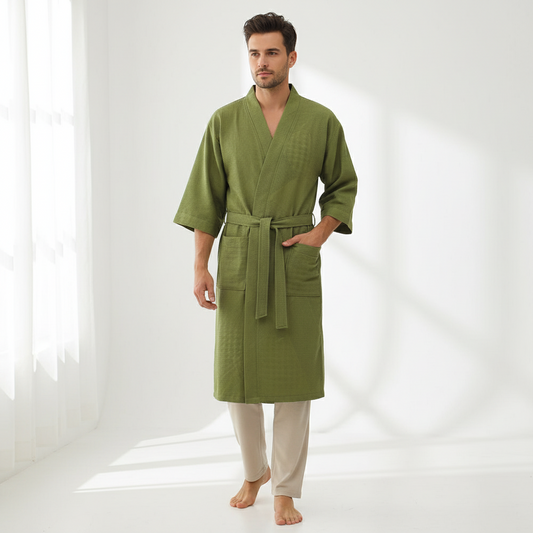 Cotton Single-layer Yarn Cropped Sleeves Mid-length Bathrobe by GJG Denim