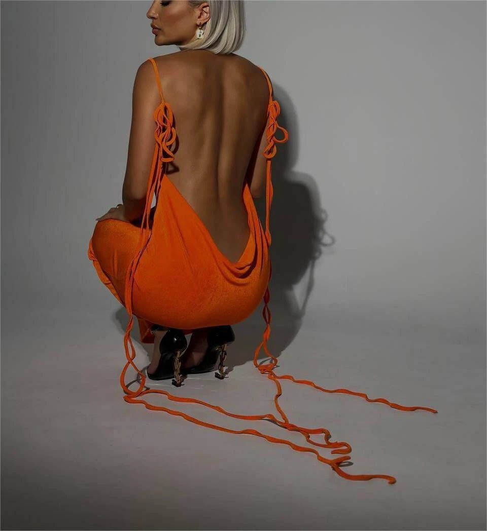 Sexy Slim Backless Dress Summer Camisole Gown Lace-up Long Dress by GJG Denim