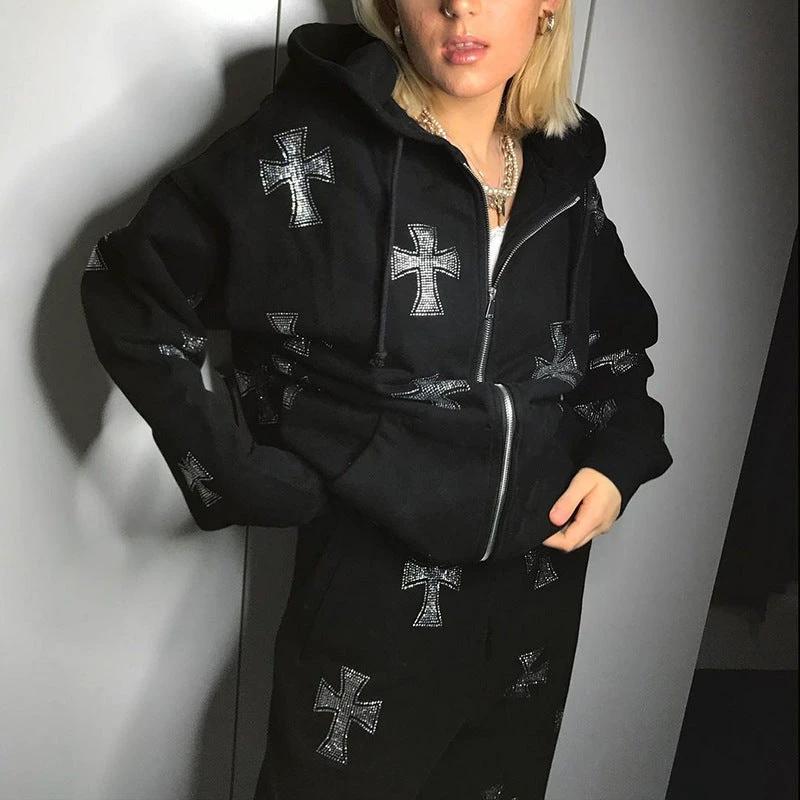Loose Top Cross Rhinestone Zipper Hooded Sweater Suit by GJG Denim