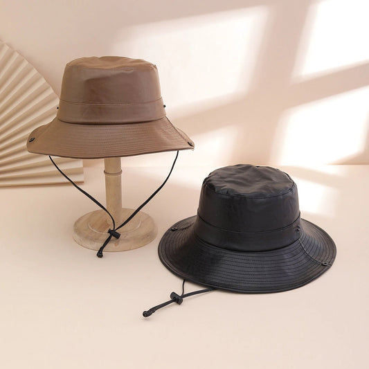 Solid-color Glossy PU Leather Windproof Wide-brimmed Sunshade, Sweet And Cool Street Style Fisherman's Hat, Daily Commuting, Outings, Shopping by GJG Denim