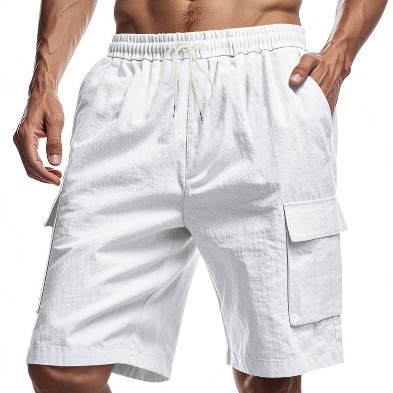 Loose Sports And Leisure Solid Color Linen Drawstring Shorts by GJG Denim
