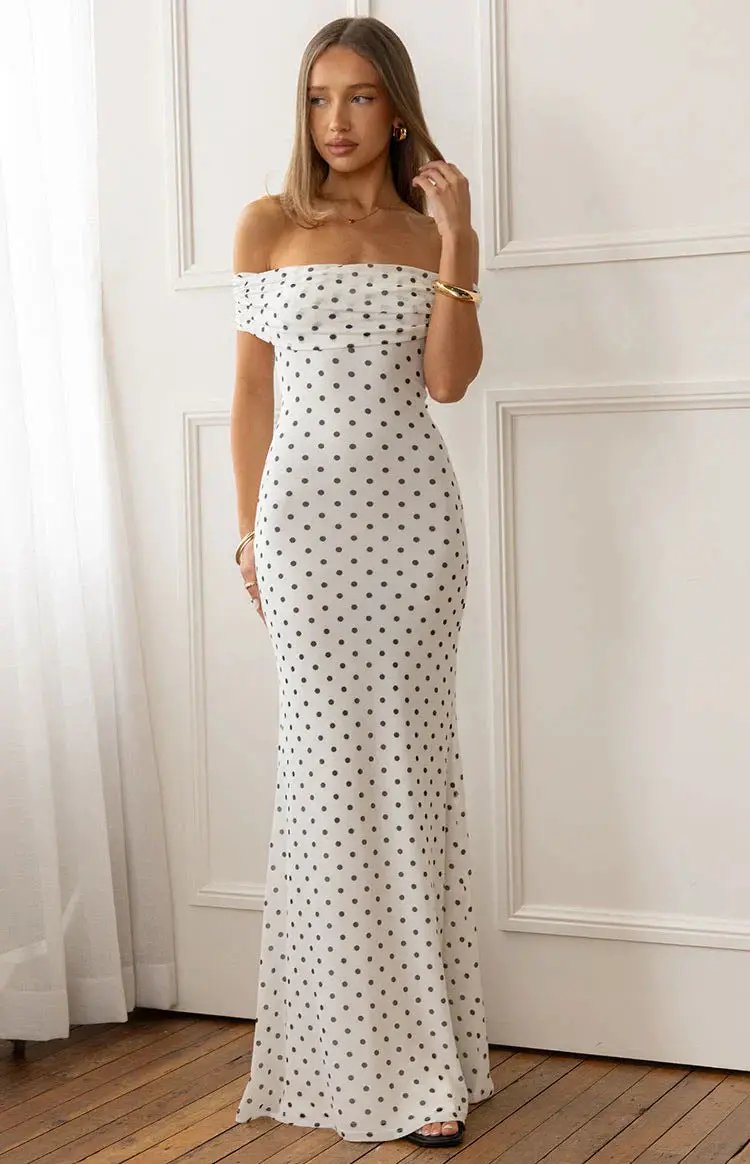Fashionable Polka-dot Mesh Off-shoulder Backless Dress by GJG Denim