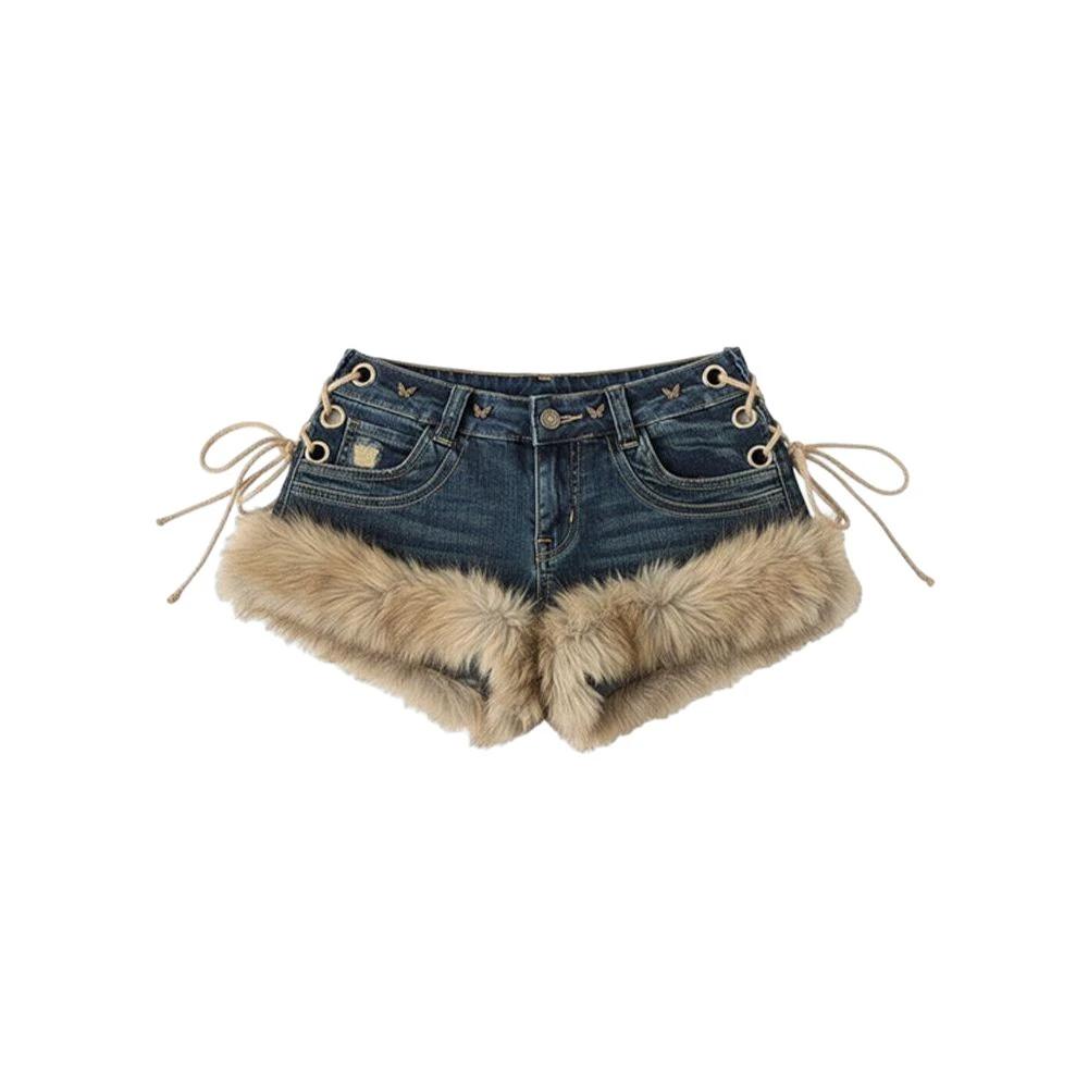 Womens Stylish Furry Patchwork Micro Shorts by GJG Denim