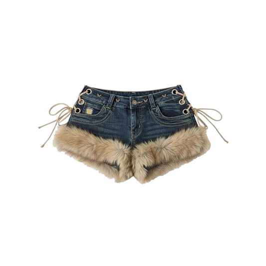 Womens Stylish Furry Patchwork Micro Shorts by GJG Denim