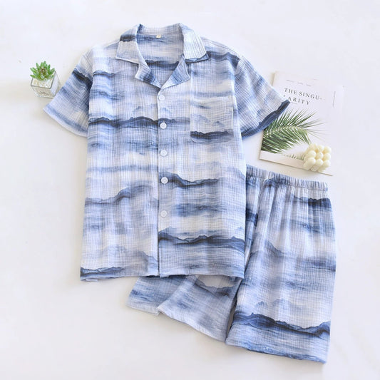Cotton Double Yarn Crepe Short Sleeve Shorts Men's Pajamas Set by GJG Denim