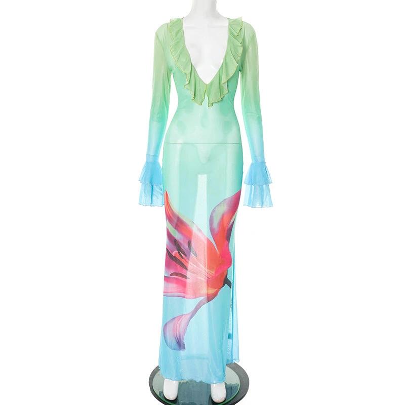 Printed Mesh Long Sleeve Ruffles Long Dress Women by GJG Denim