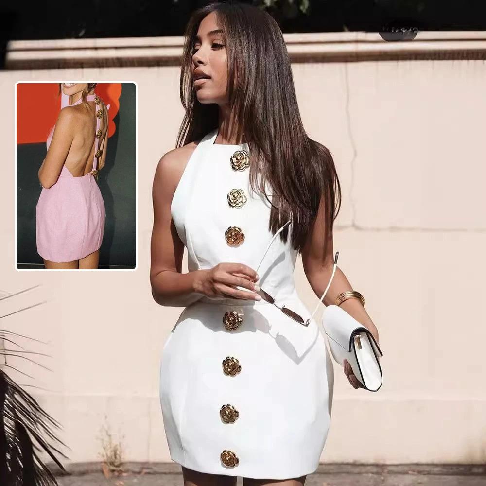 Sweet Sleeveless Backless Dress With Rose Button Design Summer Street Fashion Dresses Womens Clothing by GJG Denim