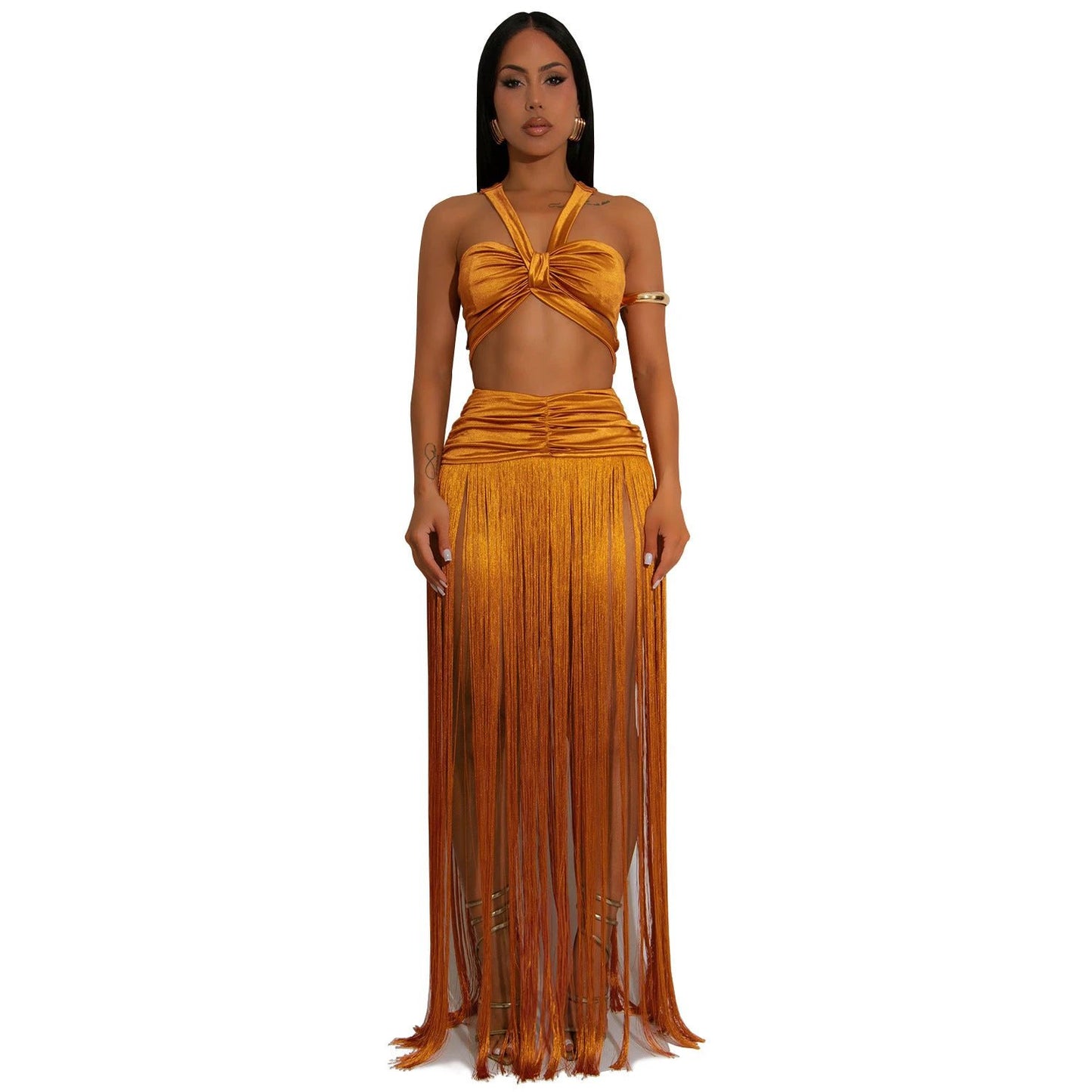 Sexy Shoulder Strap Top Tassel Skirt Two-piece Set by GJG Denim