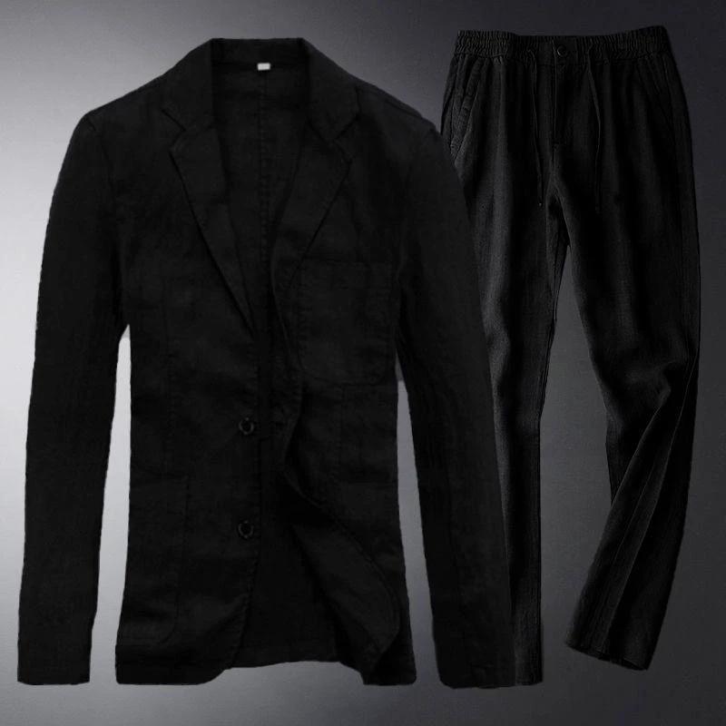 Men's Two-piece Retro Solid Color High-end Simple Casual Suit by GJG Denim