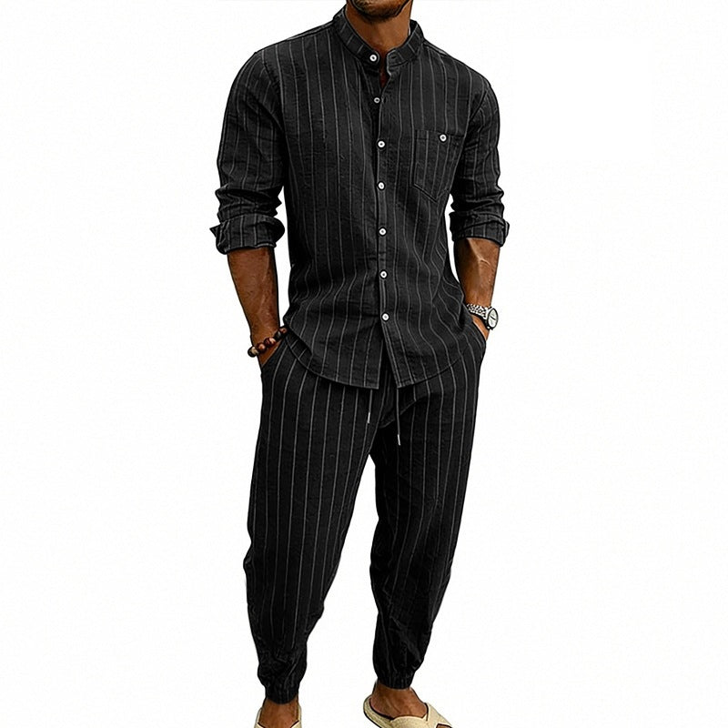 High-street Striped Henley Shirt Jogger Pants Set by GJG Denim