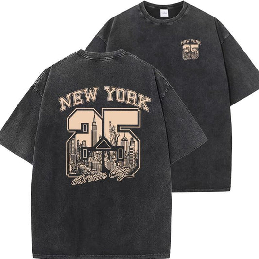 New Vintage Print Washed Short-sleeved T-shirt by GJG Denim