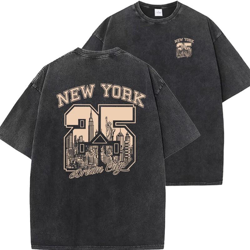 New Vintage Print Washed Short-sleeved T-shirt by GJG Denim