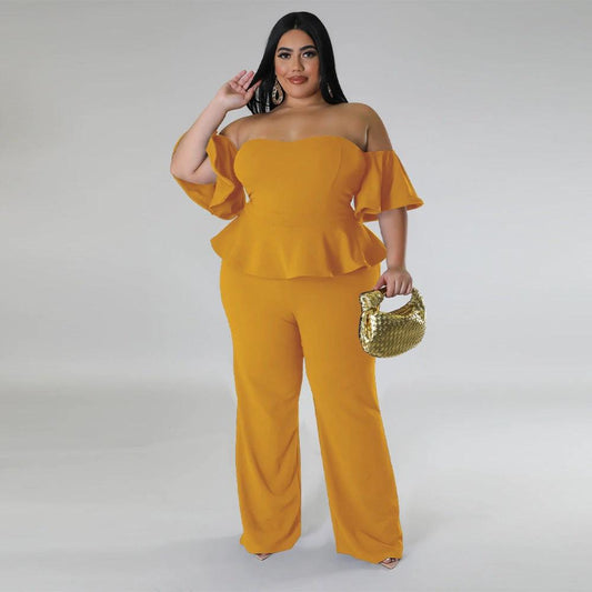 Sexy Off-shoulder Short-sleeve Wide-leg Stretch Jumpsuit by GJG Denim