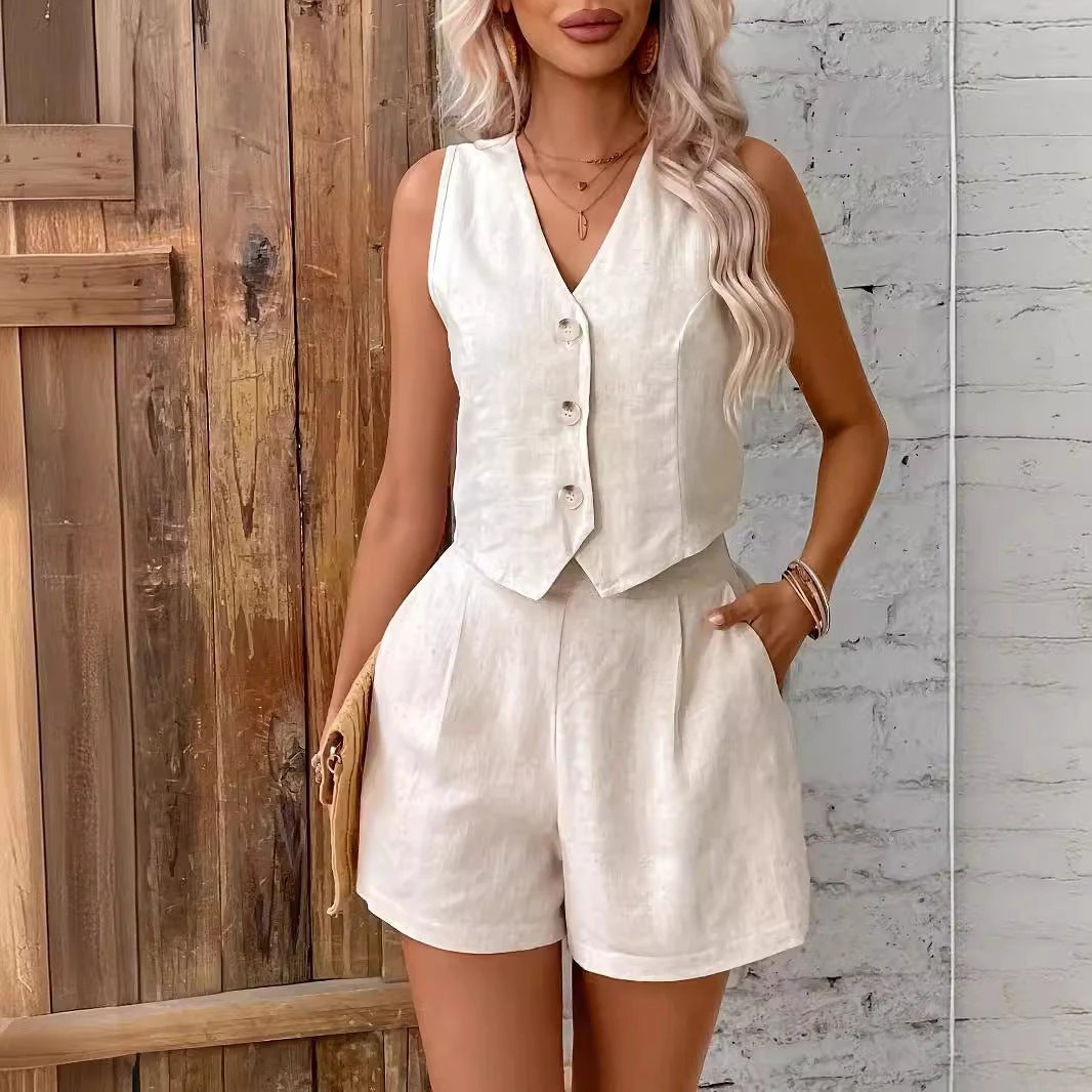 French Style Solid Color Casual Vest Shorts Set Women by GJG Denim