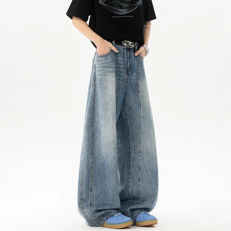 Retro Blue Denim Men's Loose Wide-leg Pants by GJG Denim