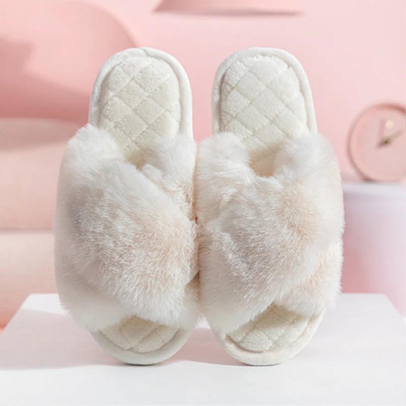 Cross-strap Furry Slippers Warm House Shoes For Women Winter Casual Flip Flops Fluffy Shoes Slides Soft Plush Home Indoor Slippers by GJG Denim